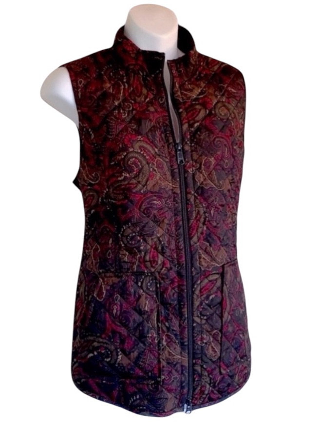 J. Jill Vest Quilted Puffer, Paisley Print, Black / Burgundy #H12039 Small